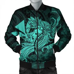 Hawaiian Map Hula Girl Hibiscus Kanaka Polynesian Bomber Jacket - Turquoise - AH