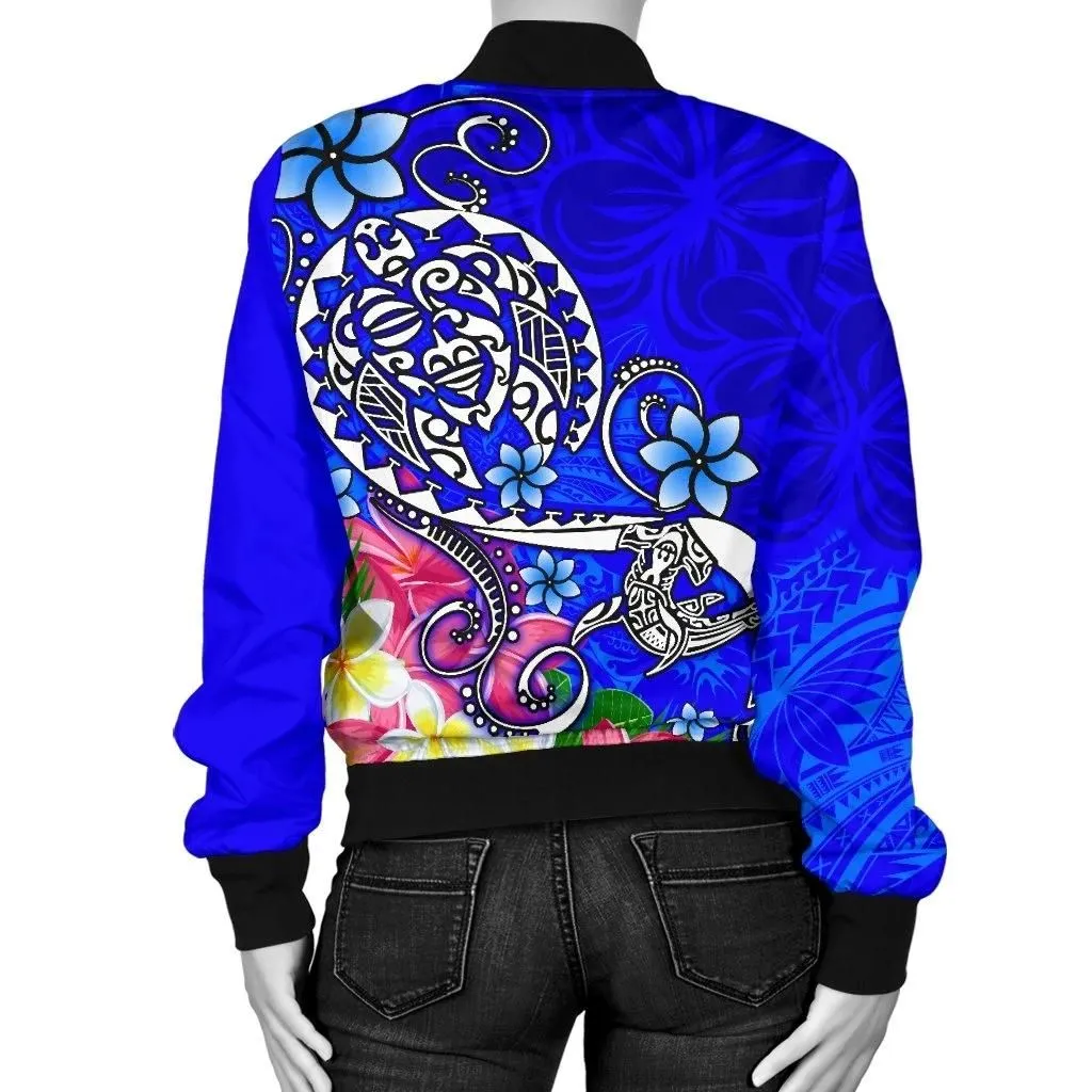Polynesian Women's Bomber Jacket - Turtle Plumeria Blue Color - BN18