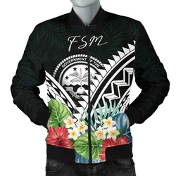 FSM Mens Bomber Jacket - FSM Coat of Arms & Polynesian Tropical Flowers White