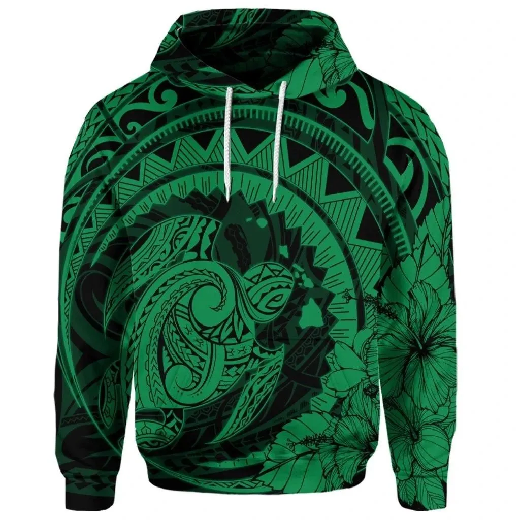 Alohawaii Hoodie - (Personalised) Hawaiian Kanaka Honu Map Hibiscus Globular Polynesian Green Hoodie - AH - JR