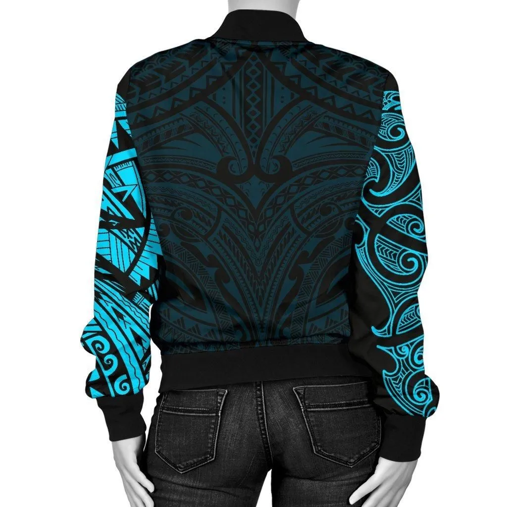 New Zealand Womens Bomber Jacket, Maori Polynesian Tattoo Blue