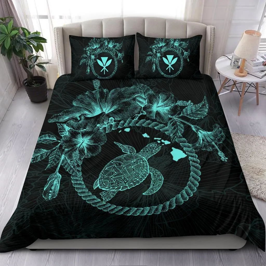 Polynesian Hawaii Bedding Set - Blue Turtle Hibiscus Flower Frame Vintage - Bn12