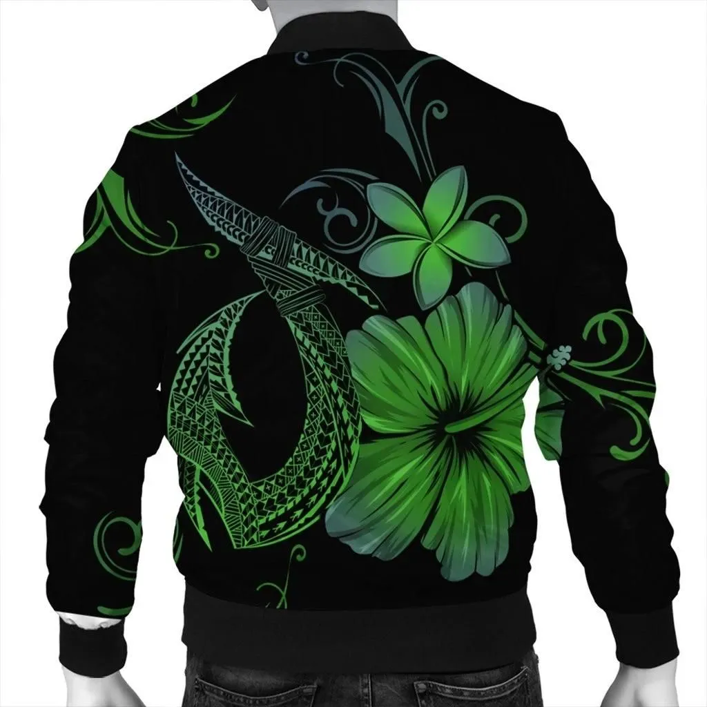 Alohawaii Jacket - Hawaiian Fish Hook Hibiscus Plumeria Polynesian Bomber Jacket - Green - AH - J4R