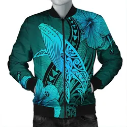FamilyGater Jacket - Hawaiian Map Whale Swim Hibiscus Polynesian Bomber Jacket - Turquoise - AH - J6R