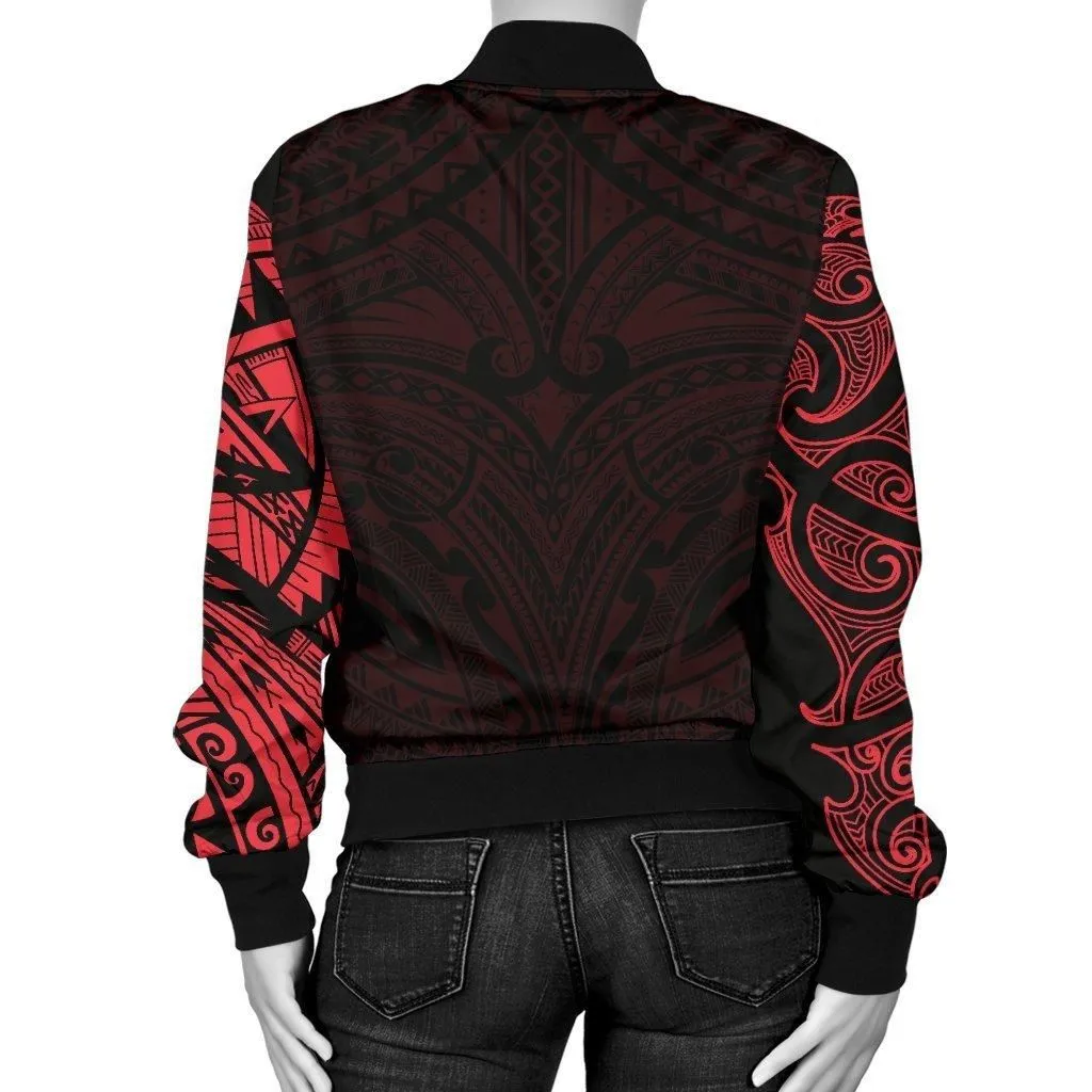 New Zealand Womens Bomber Jacket, Maori Polynesian Tattoo Red