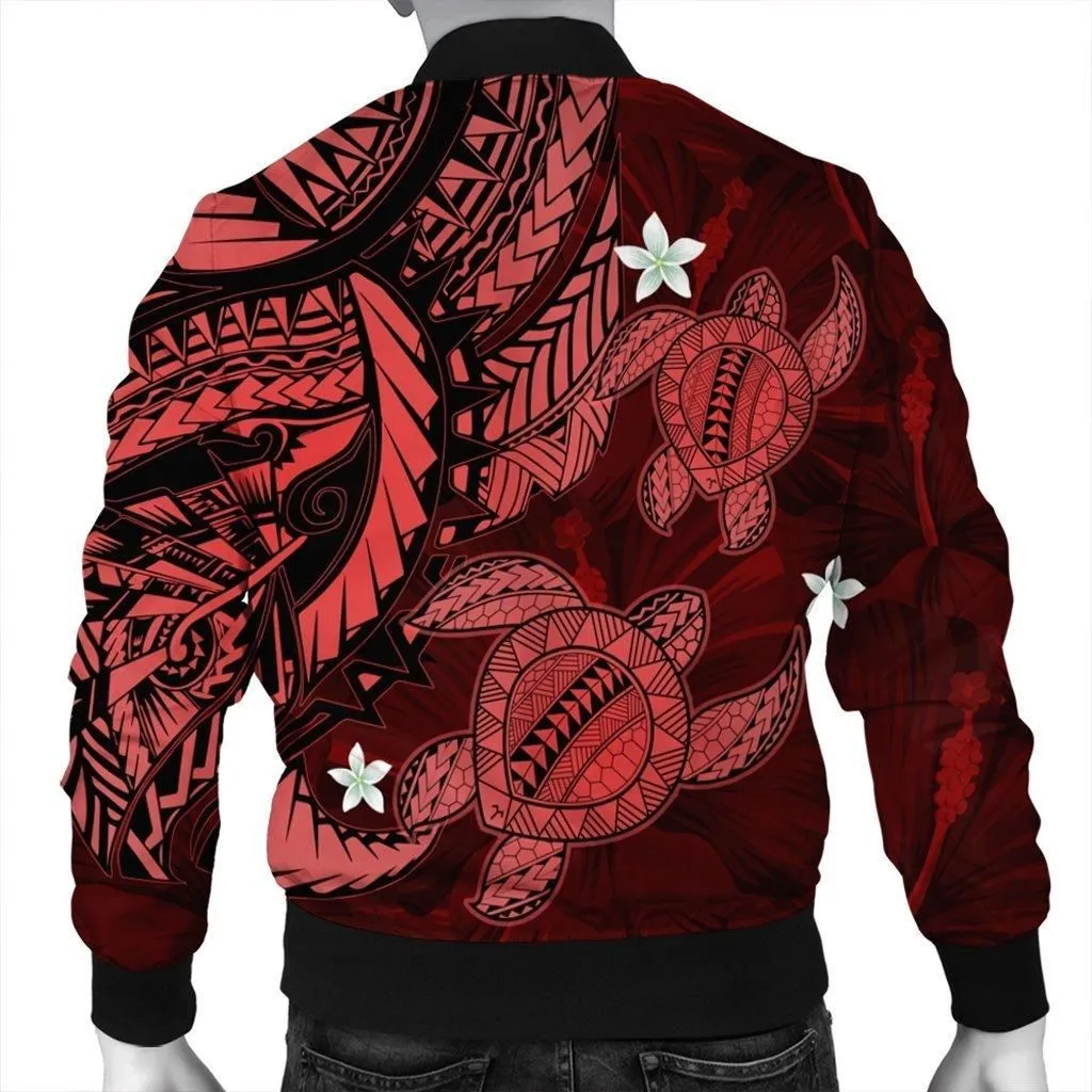 Hawaii Polynesian Turtle Hibiscus Bomber Jacket - Red