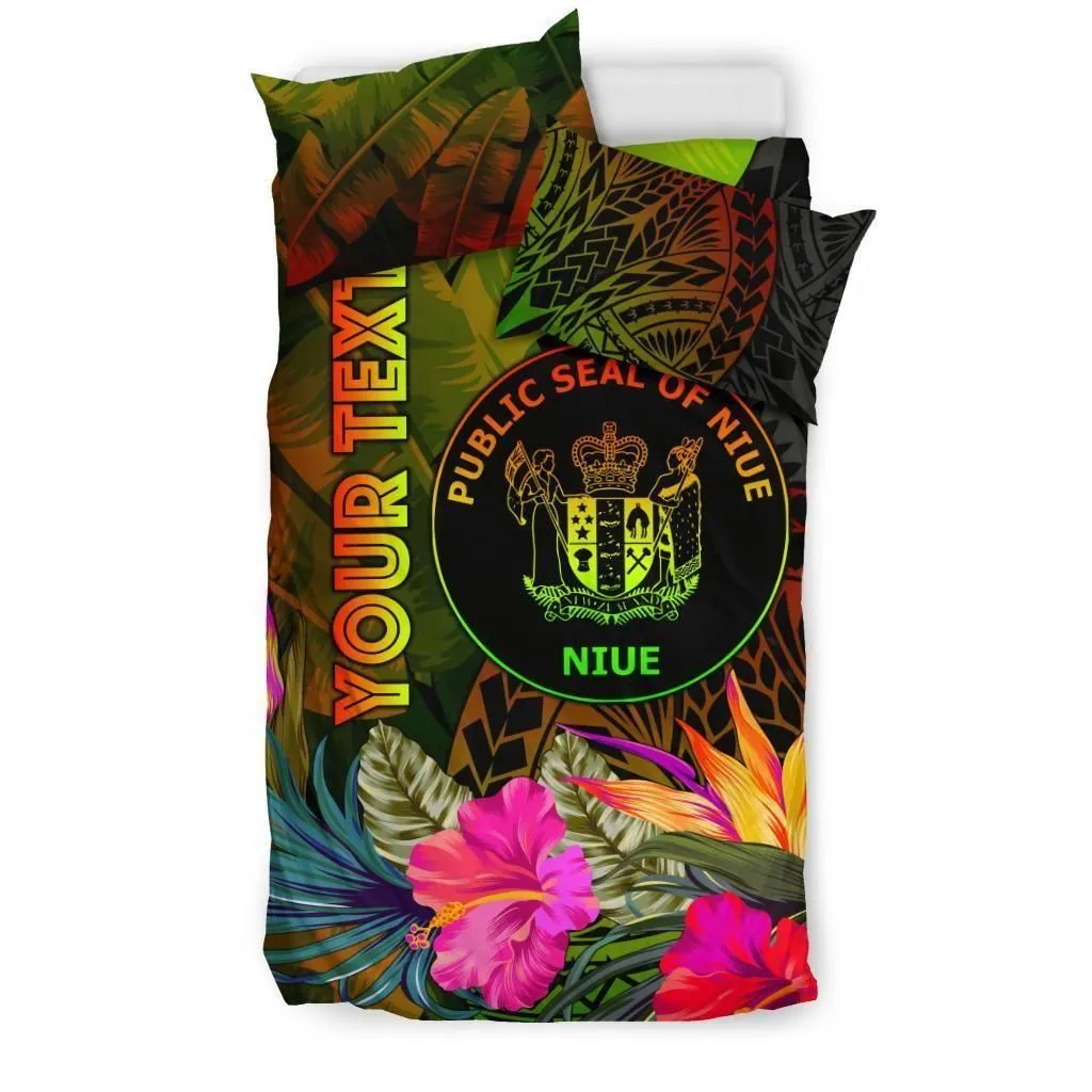 Alohawaii Bedding Set - Cover and Pillow Cases Niue Polynesian Personalised - Hibiscus and Banana Leaves - BN15