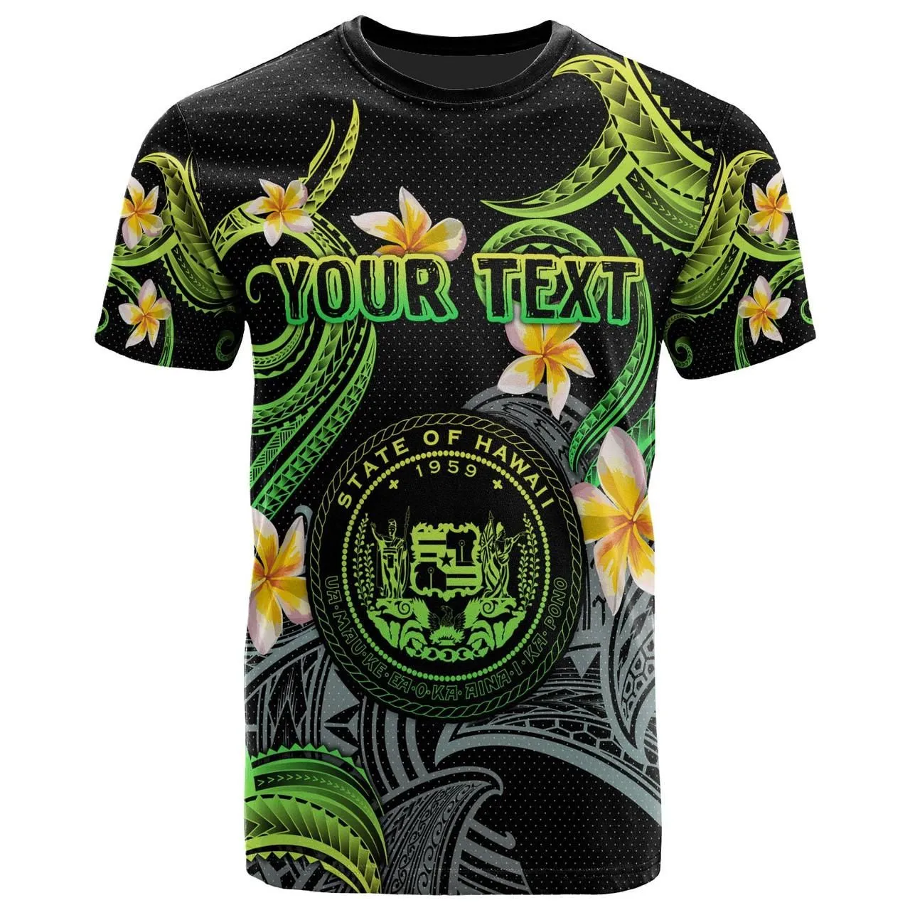 Hawaii T-shirt - Custom Personalised Polynesian Waves with Plumeria Flowers (Green)