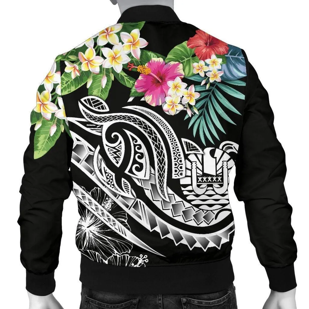 Tahiti Polynesian Mens Bomber Jacket - Summer Plumeria (Black)