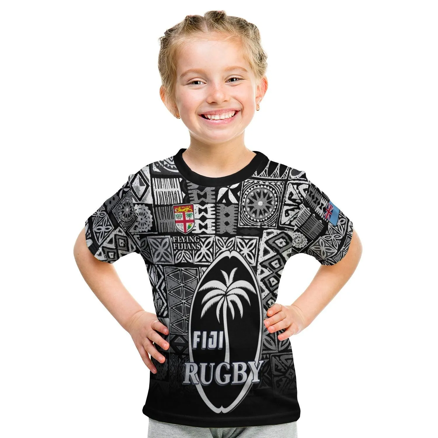 (Custom Text And Number) Fiji Rugby T Shirt Kid Flying Fijians Black Tapa Pattern LT13