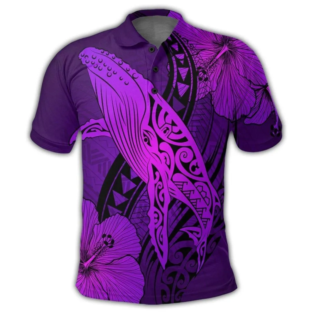 Hawaiian Map Whale Swim Hibiscus Polynesian Polo Shirt - Purple