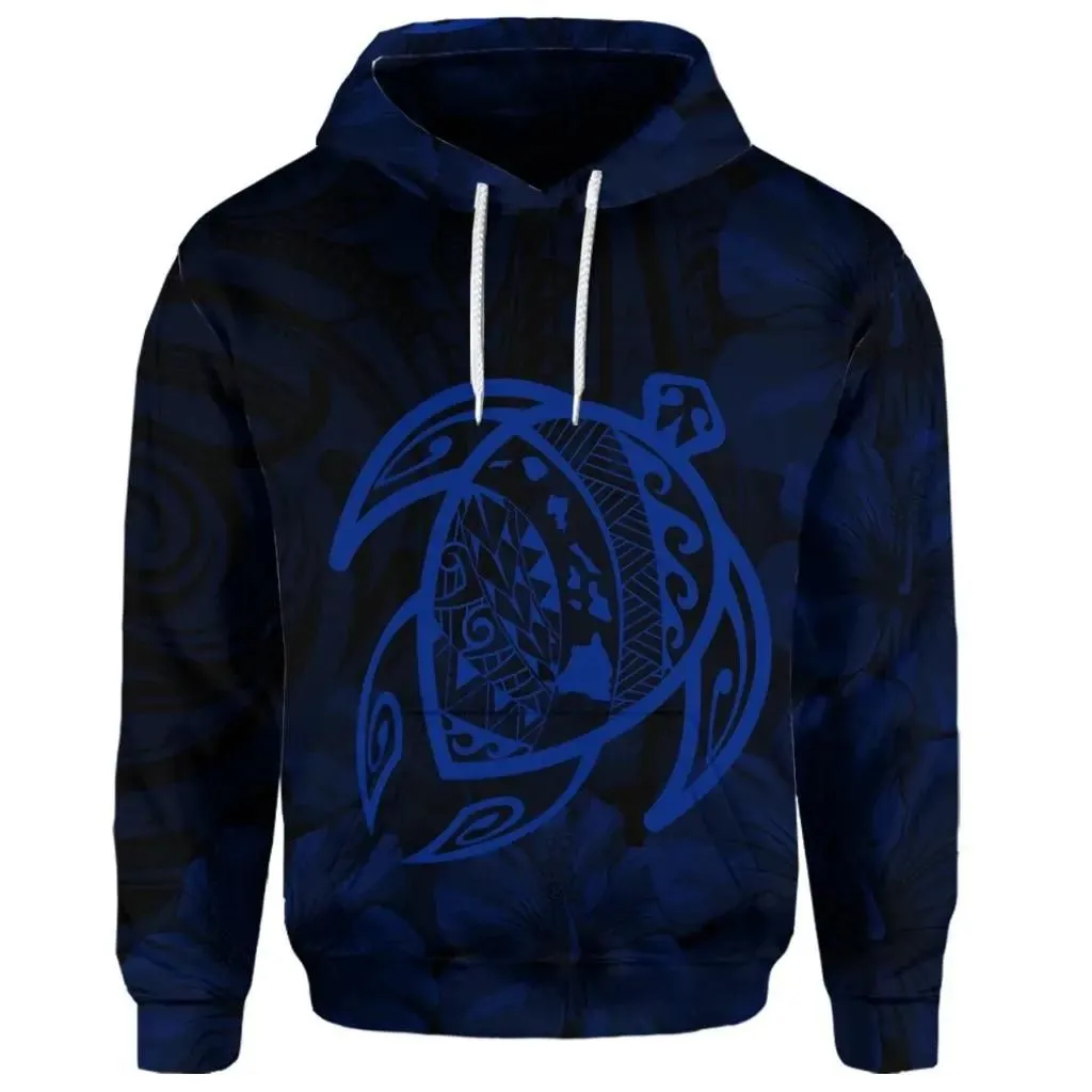 Alohawaii Hoodie - (Personalised) Hawaiian Map Turtle Kanaka Hibiscus Polynesian Hoodie - Blue - AH - J4R