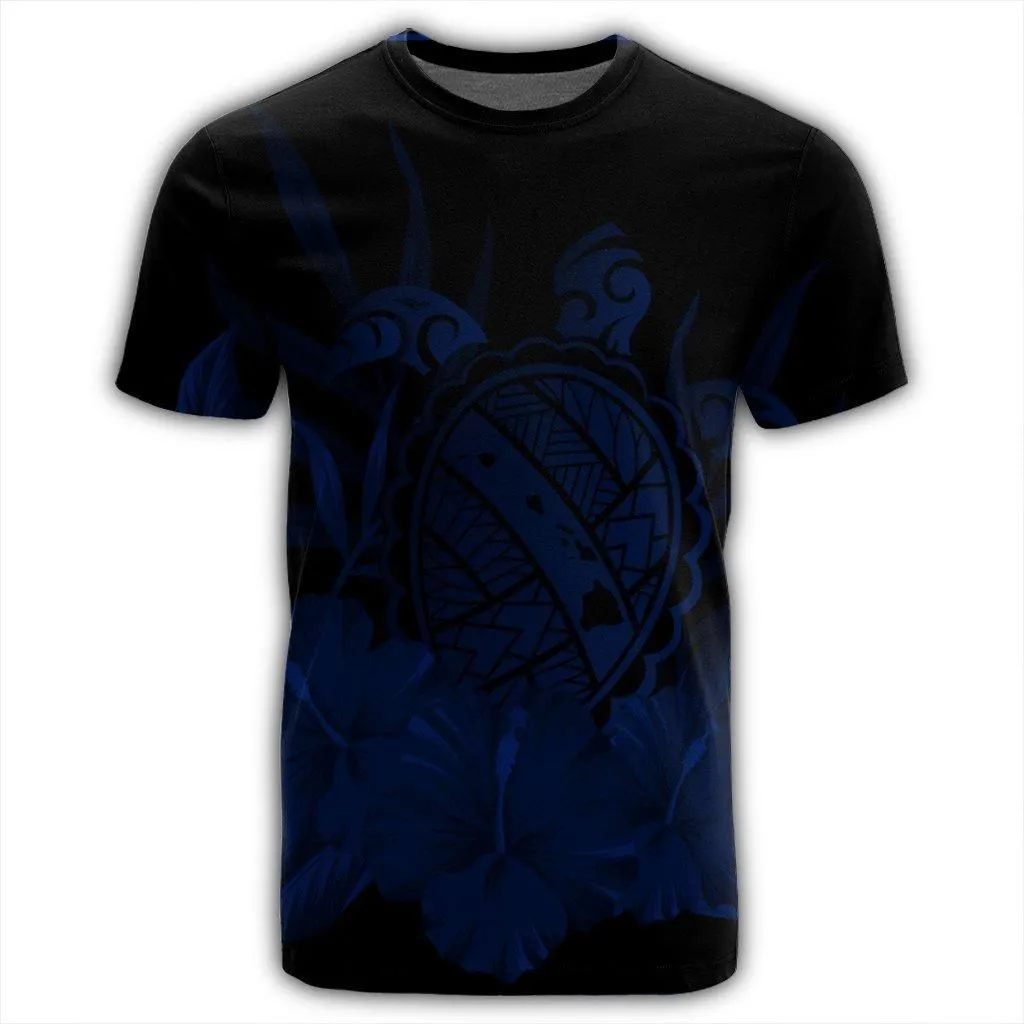 Hawaiian Map Turtle Hibiscus Polynesian T-Shirt - Blue - AH