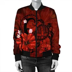 Alohawaii Jacket - Hawaiian Map Big Turtle Hibiscus Plumeria Tribal Polynesian Bomber Jacket - Red - AH - J6R