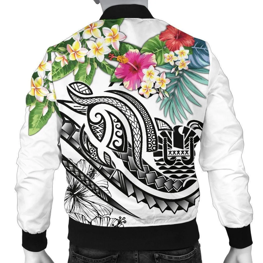 Tahiti Polynesian Mens Bomber Jacket - Summer Plumeria (White)