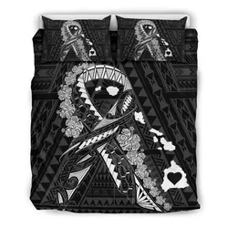 Hawaiian Map Heart Ribbon Cancer Hibiscus Polynesian Bedding Set - White