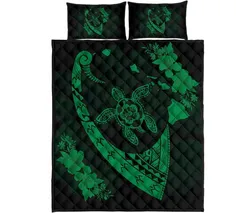 Hawaiian Map Hibiscus Turtle Fish Hook Polynesian Quilt Bedding Set Green
