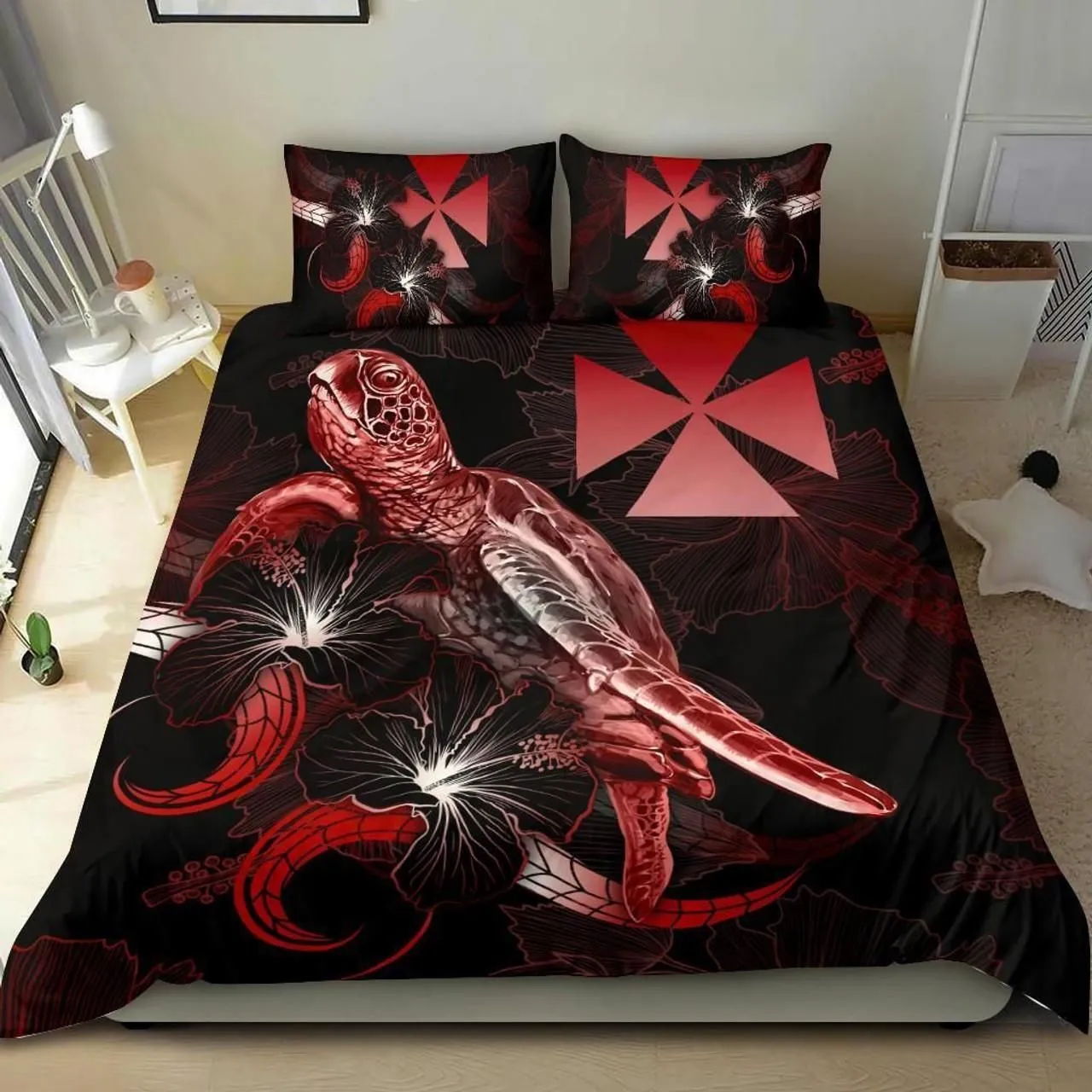 Wallis And Futuna Polynesian Bedding Set - Turtle With Blooming Hibiscus Red
