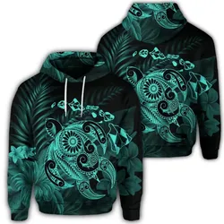 Alohawaii Hoodie - Hawaiian Map Turtle Tattoo Hibiscus Plumeria Polynesian Hoodie - Turquoise - AH - J4R