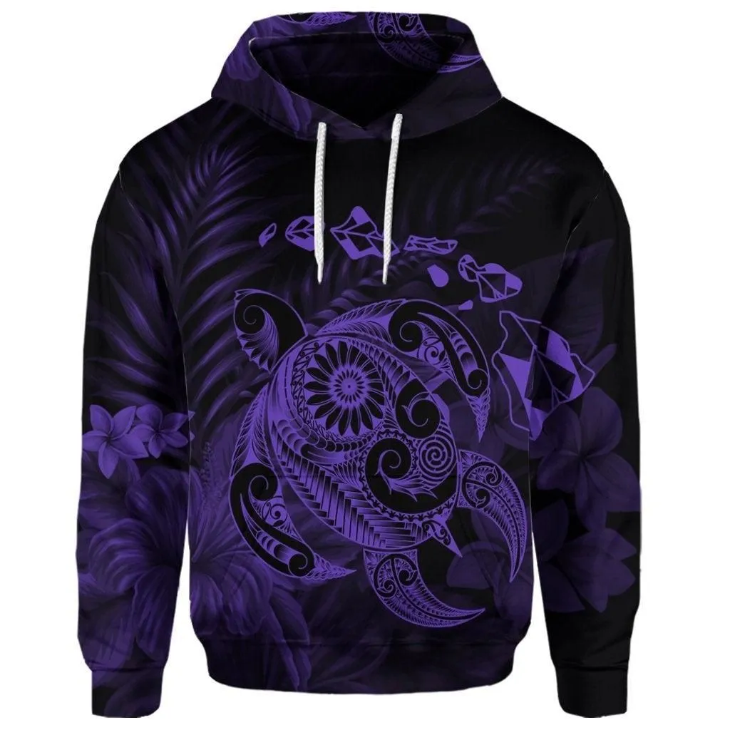 (Personalised) Hawaiian Map Turtle Tattoo Hibiscus Plumeria Polynesian Hoodie - Purple