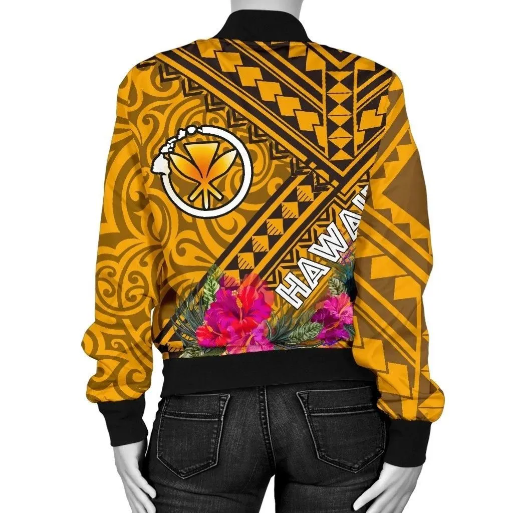 FamilyGater Jacket - Bomber Jacket Hawaii - Kanaka Maoli With Hibiscus On Polynesian Patterns (YELLOW) - BN25
