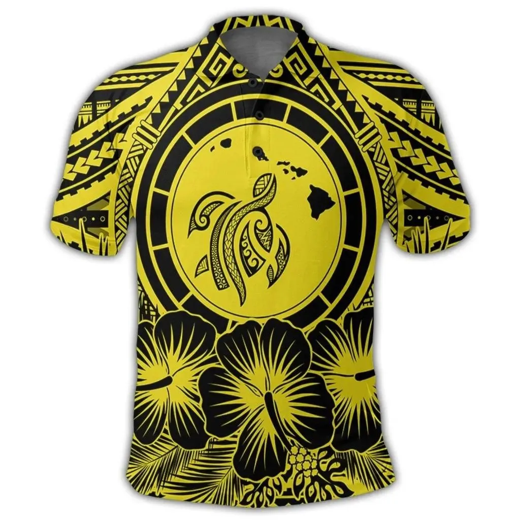 Alohawaii Shirt - Hawaiian Map Honu Hibiscus Tropic Yellow Polynesian Polo Shirt - AH - JGR