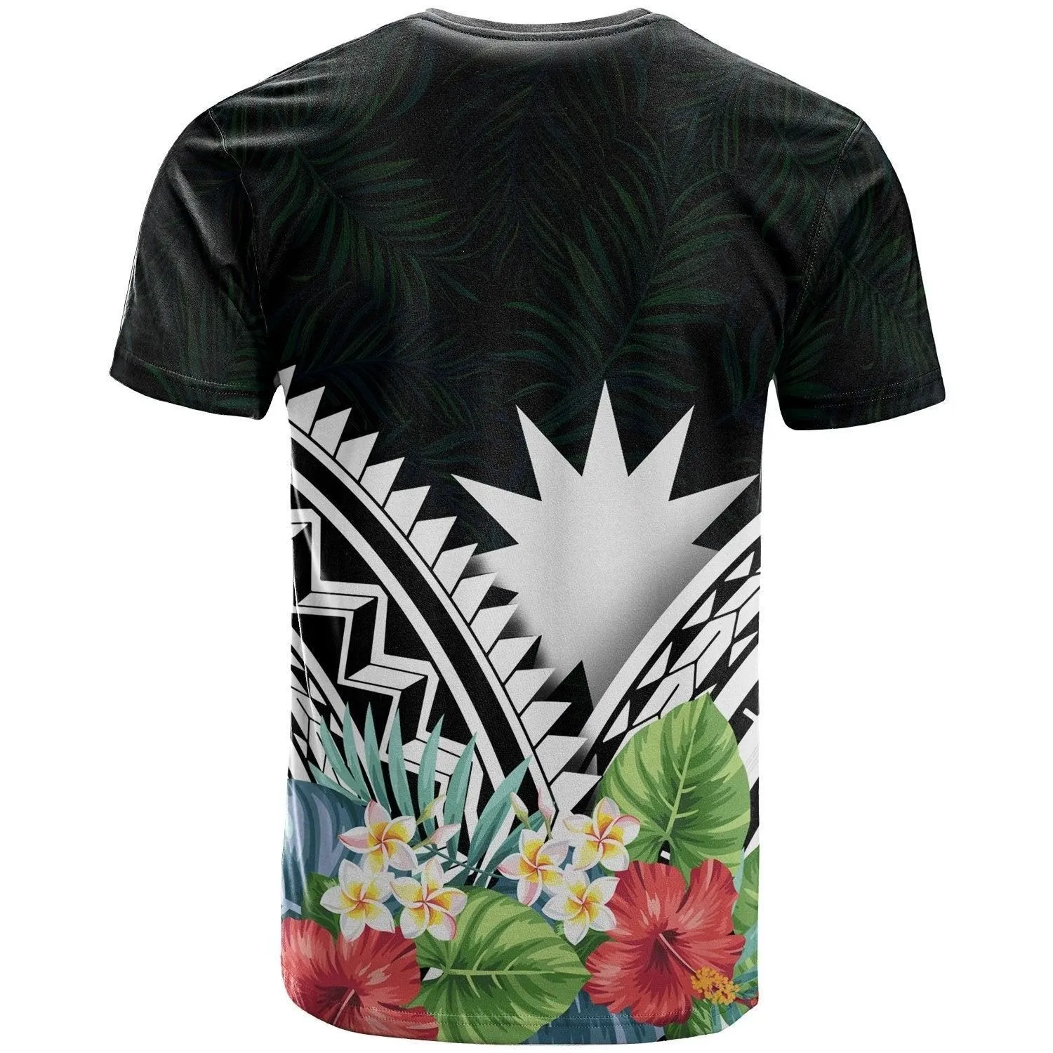 Nauru Polynesian T shirts - Nauru Coat of Arms and Polynesian Tropical Flowers White
