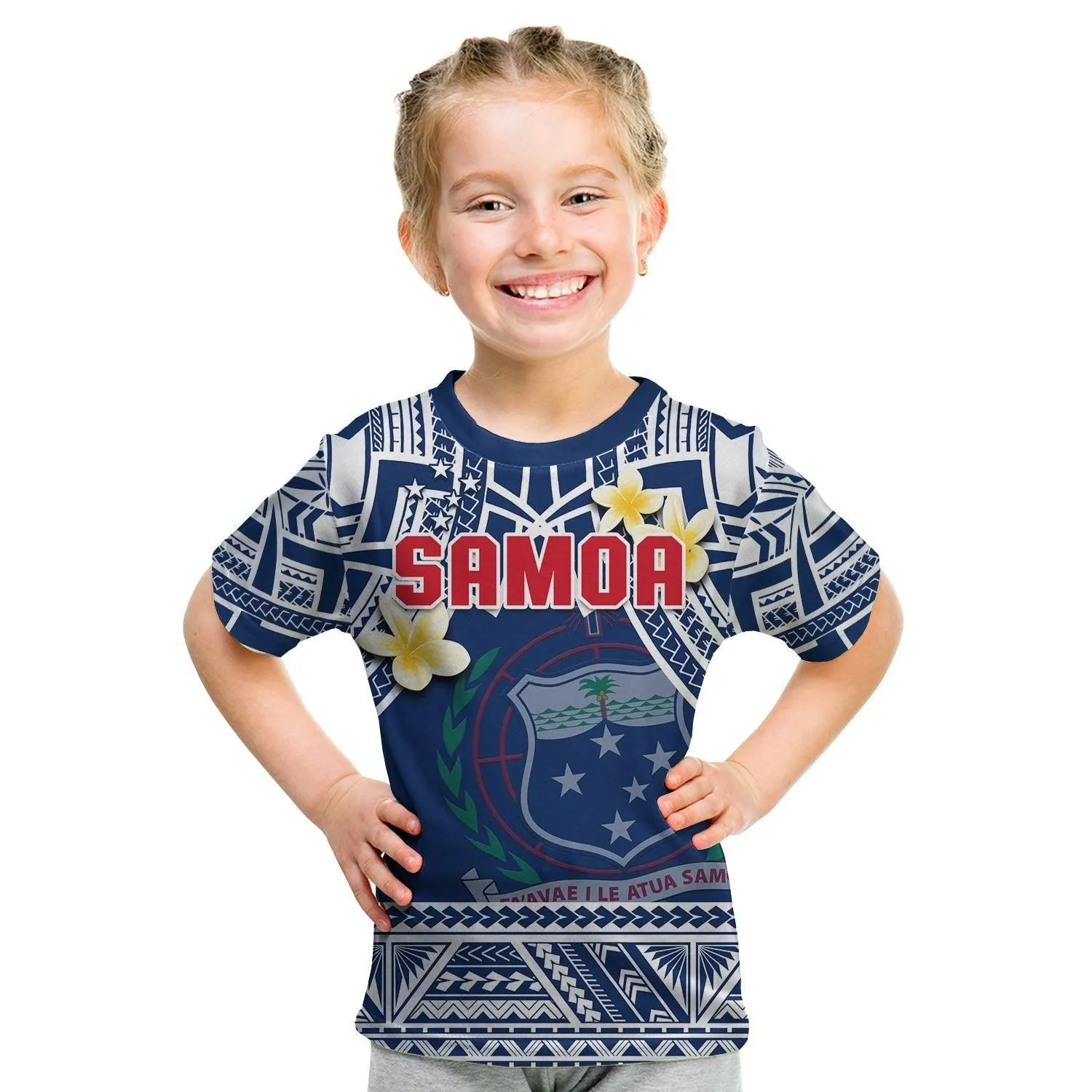 Custom Personalised Samoa T Shirt KID Samoan Plumeria Flowers Mix Polynesian Pattern LT14