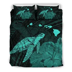 Hawaii Polynesian Hibiscus Turtle Map Bedding Set - AH - Turquoise