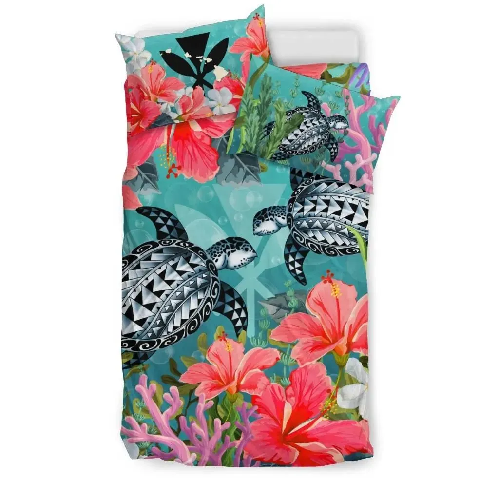 Kanaka Maoli (Hawaiian) Bedding Set - Polynesian Turtle Hibiscus And Seaweed A24