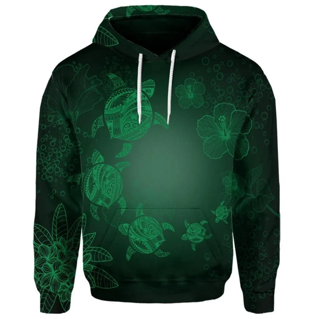 (Personalised) Hawaiian Plumeria Hibiscus Turtle Under Sea Polynesian Hoodie Green AH
