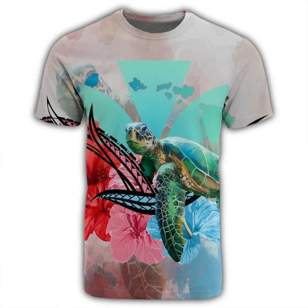 Alohawaii Tee - Hawaii Map Kanaka Sea Turtle Hibiscus T-shirt AH - Blue Pink - J5R