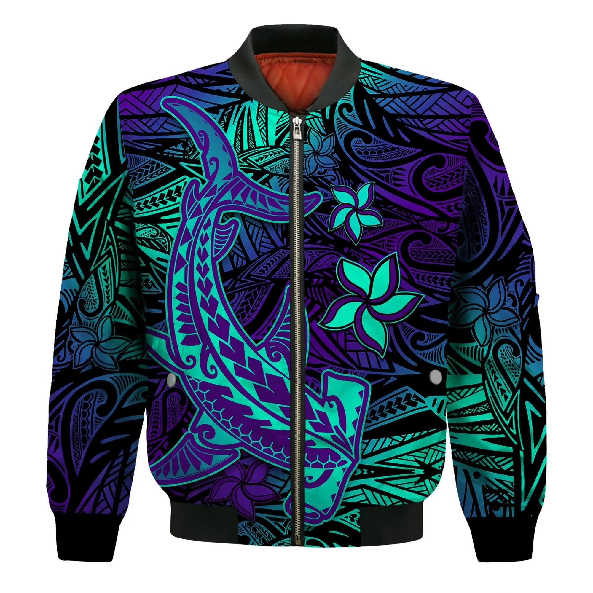 (Custom Personalised) Polynesian Bomber Jacket Purple Paradise Hawaiian Tribal Hammerhead Shark LT14