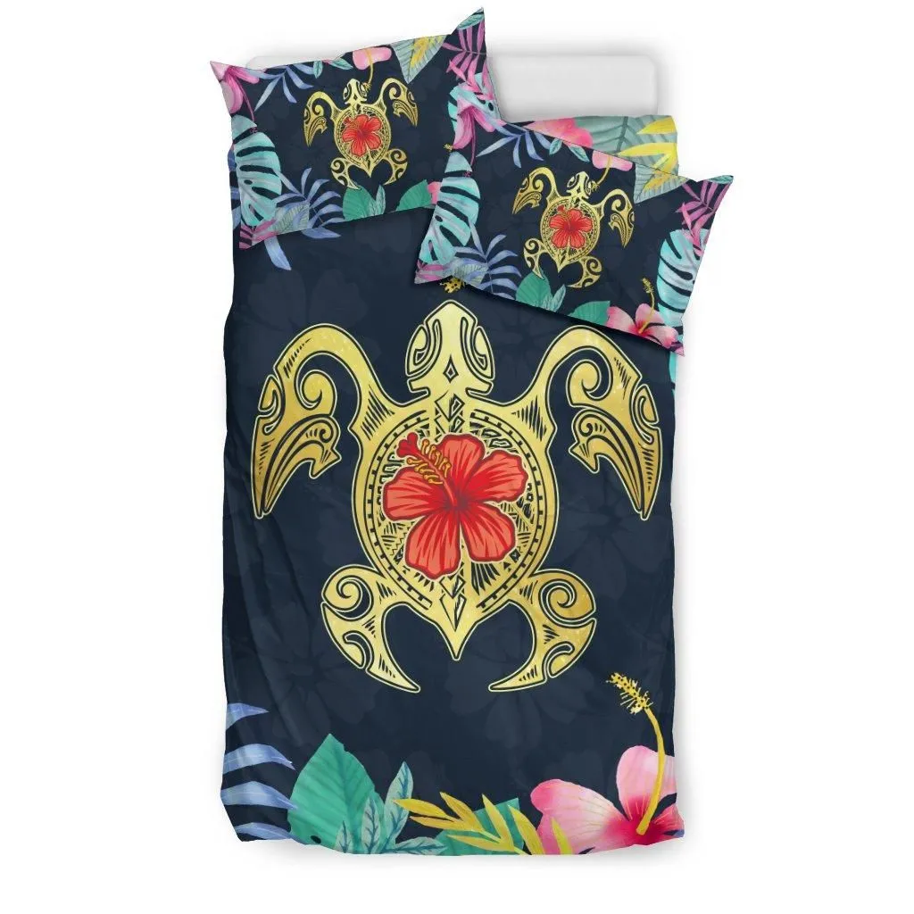 Hawaiian Hibiscus Monstera Turtle Polynesian Bedding Set