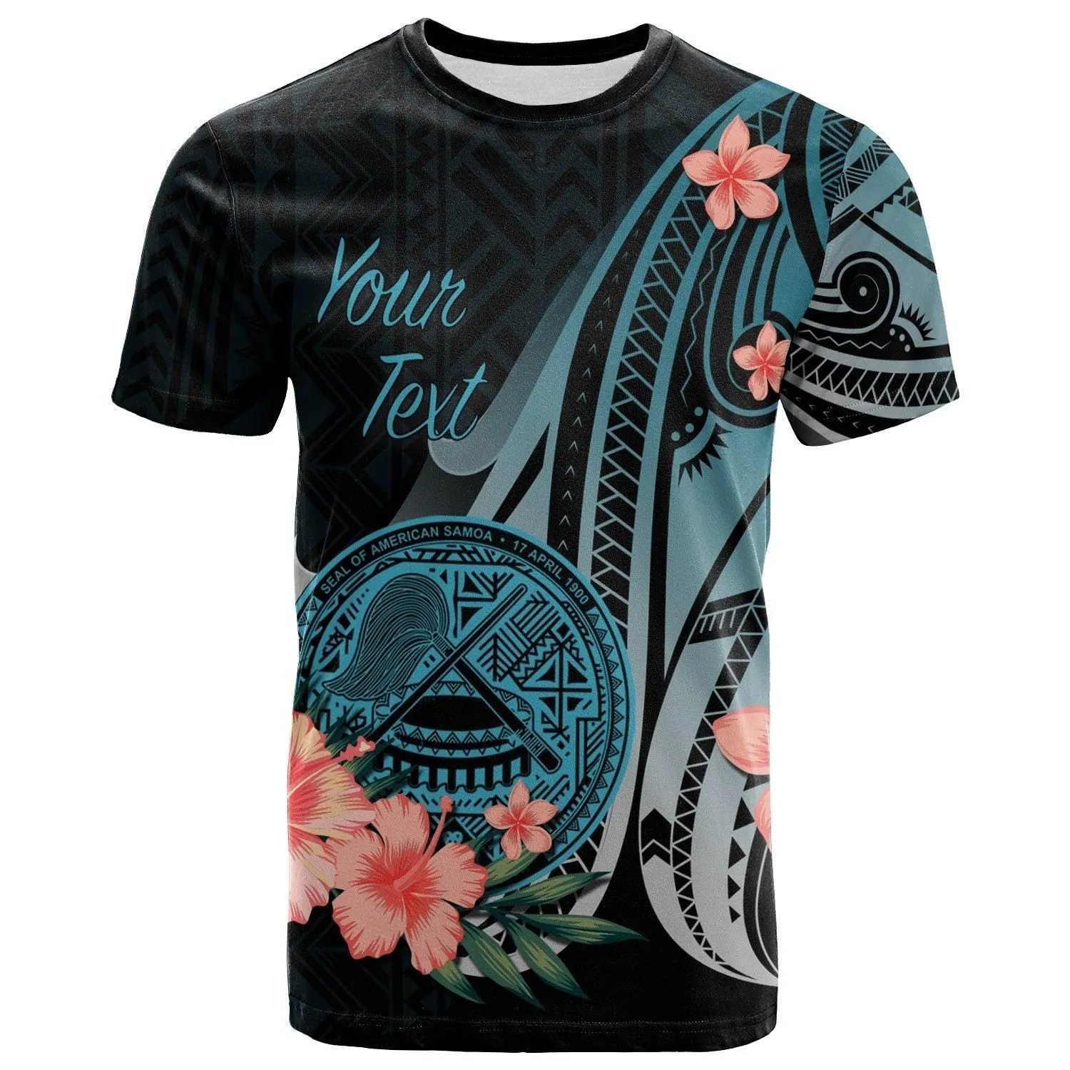 American Samoa Personalised Custom T Shirt - Turquoise Polynesian Hibiscus Pattern Style