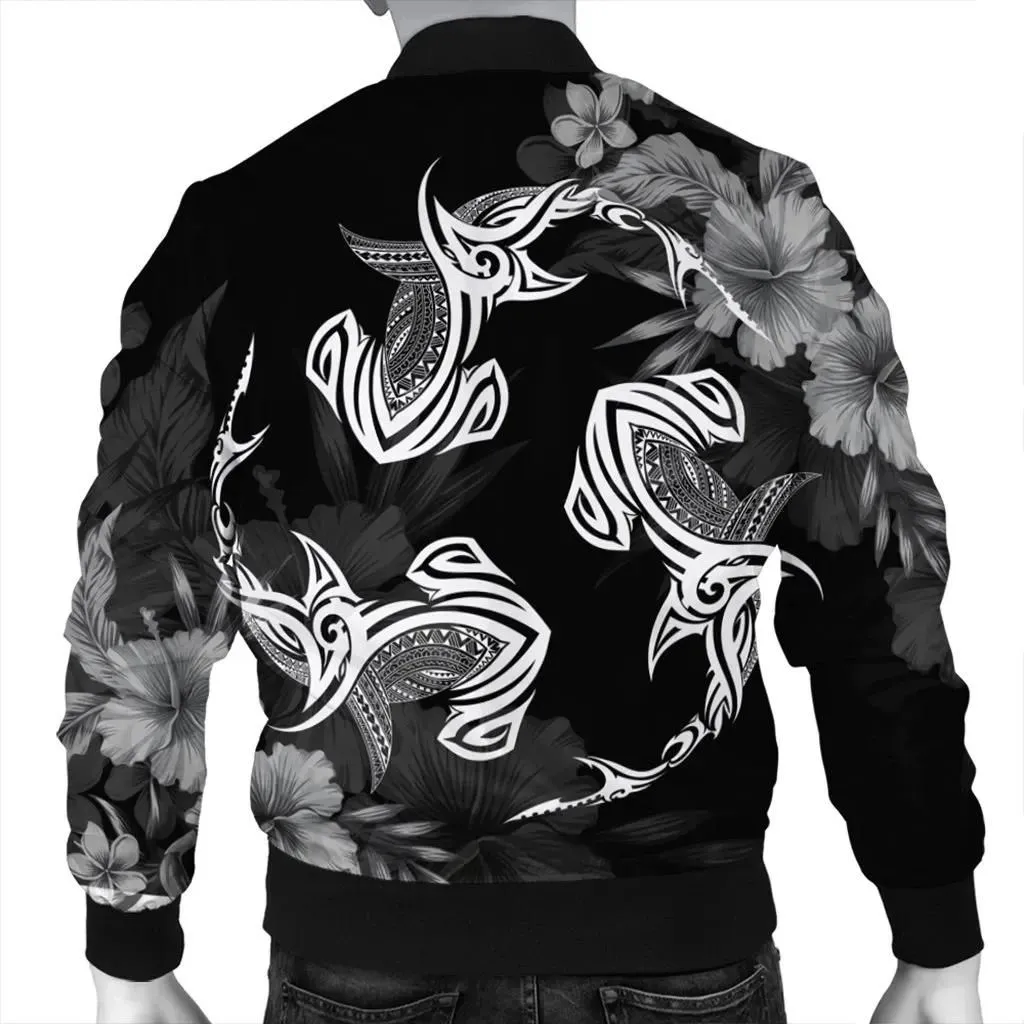FamilyGaterJacket - Hawaiian Hammerhead Shark Hibiscus White Polynesian Bomber Jacket - AH - J4R
