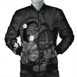 Hawaiian Map Big Turtle Hibiscus Plumeria Tribal Polynesian Bomber Jacket - Gray - AH