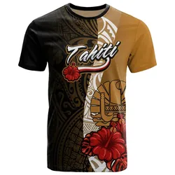 \bTahiti Polynesian T-Shirt - Coat Of Arms With Hibiscus Gold - BN12