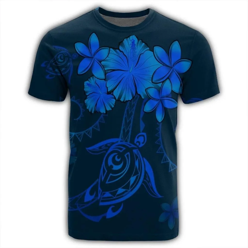 Alohawaii Tee - Hawaiian Turtles Hibiscus Plumeria Polynesian T-shirt Blue - AH - J4R