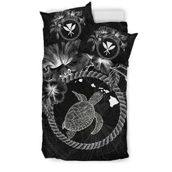 Alohawaii Bedding Set - Cover and Pillow Cases Polynesian Hawaii - White Turtle Hibiscus Flower Frame Vintage - BN12