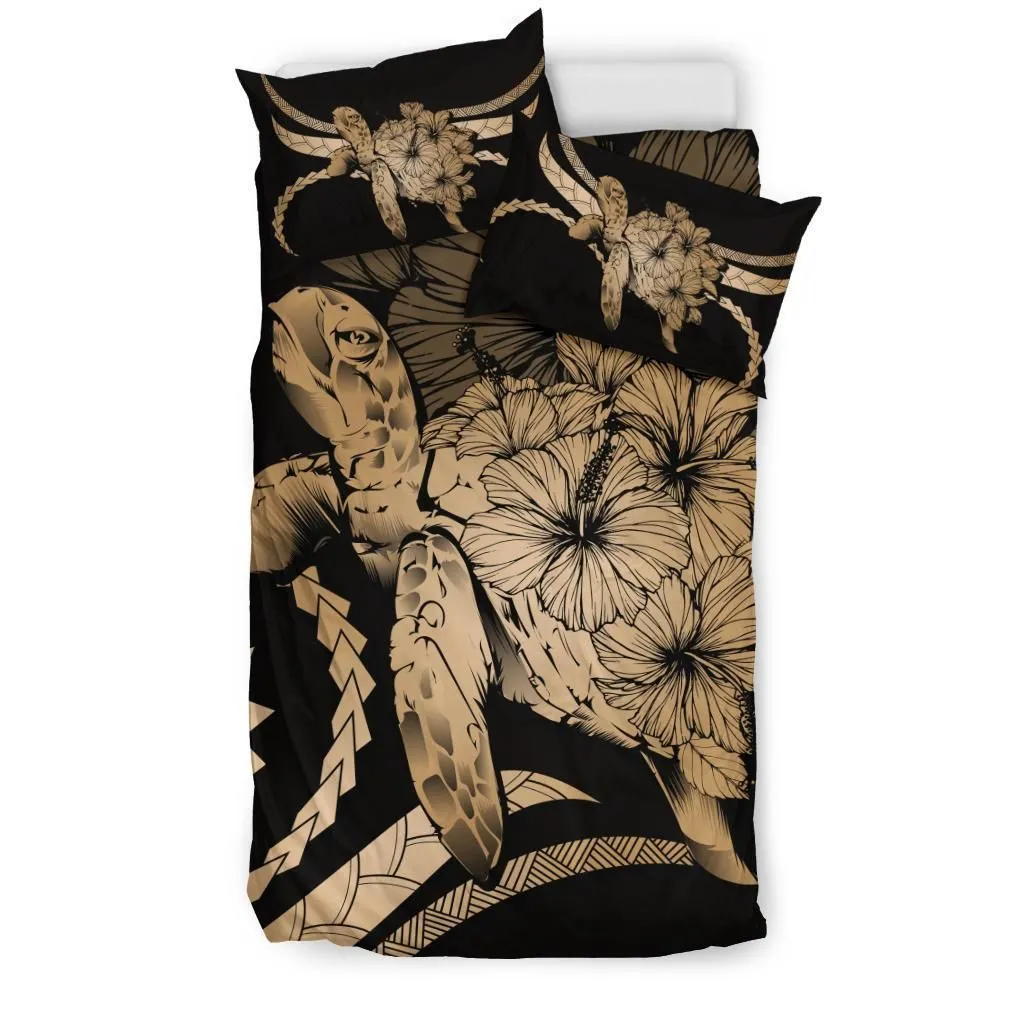 Hawaii Bedding Set - Hawaii Turtle Hibiscus Polynesian Vintage Bedding Set - Gold