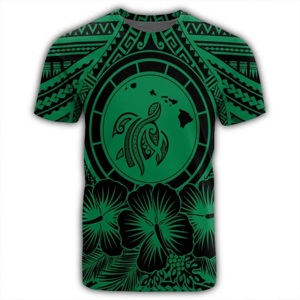 Hawaiian Map Honu Hibiscus Tropic Green Polynesian T-Shirt - AH