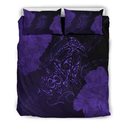 Hawaiian Hibiscus Dolphin Manta Ray Turtle Polynesian Bedding Set Waves Purple - AH - J5
