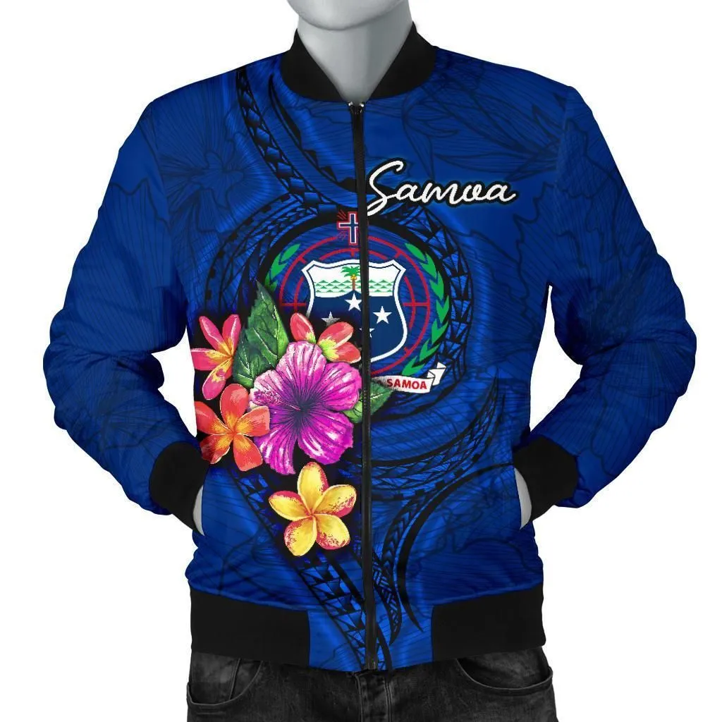 Samoa Polynesian Mens Bomber Jacket - Floral With Seal Blue