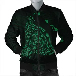 Hawaiian Map Manta Ray Green Polynesian Bomber Jacket