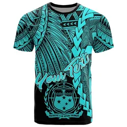 Samoa Polynesian Custom Personalised T-Shirt - Tribal Wave Tattoo Neon Blue