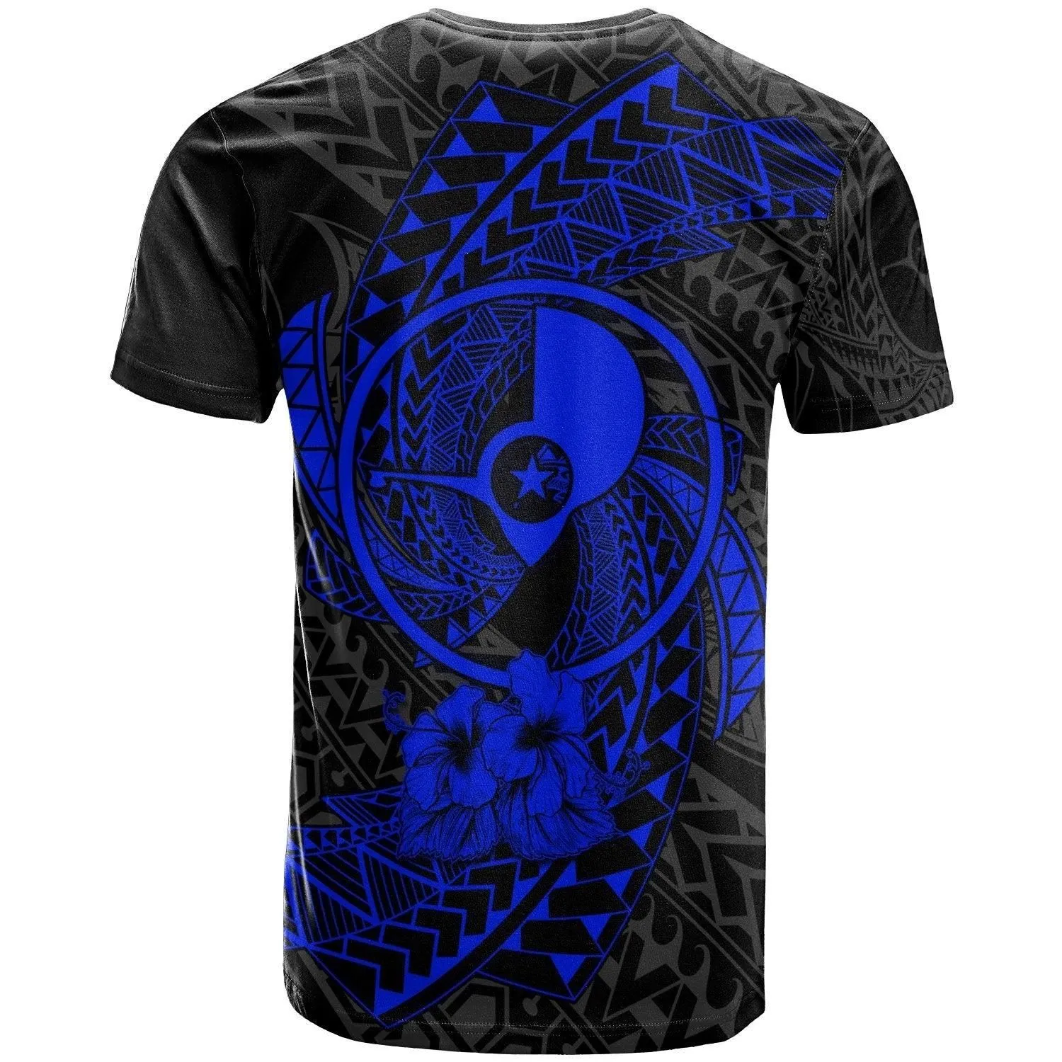 Yap Micronesian T shirt Blue - Spiral Pattern Hibiscus