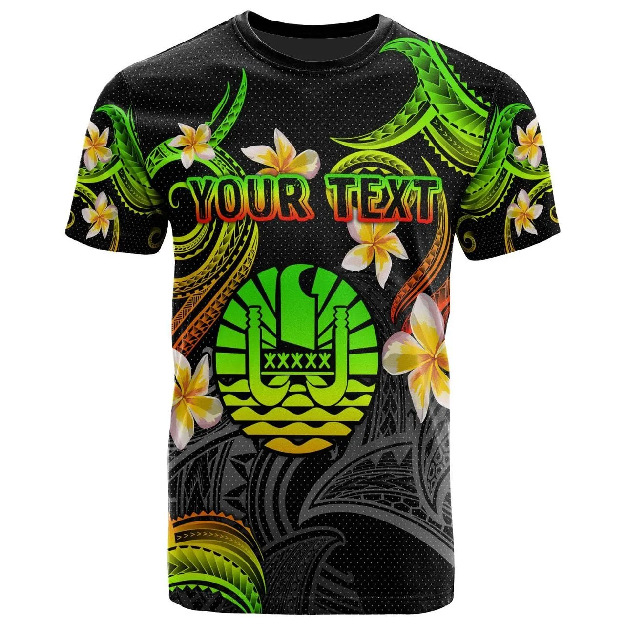 Tahiti T-shirt - Custom Personalised Polynesian Waves with Plumeria Flowers (Reggae)