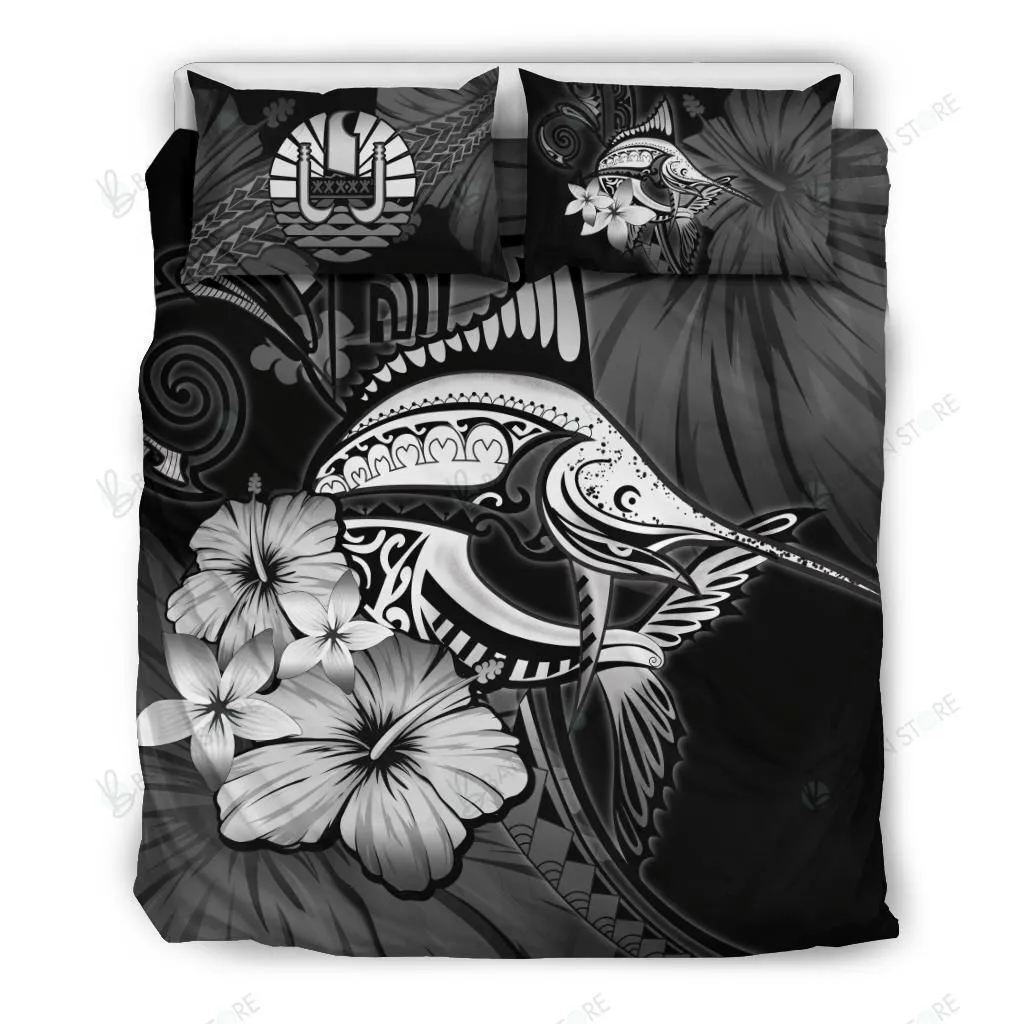 Tahiti Marlin And Hibiscus Bedding Set Bedroom Decor Gray