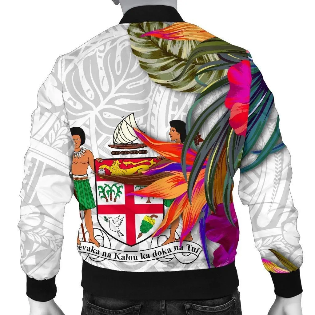 Fiji Polynesian Mens Bomber Jacket - Hibiscus White Pattern